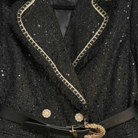 Black Elegant Women's Tweed Sequin Double Breasted Lapel Collar Overcoat Jacket - Picture 13 of 14